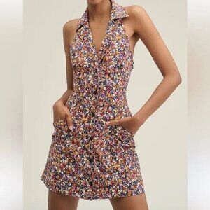 Maeve Anthropologie Amelia Floral Halter Collared Mini Dress Size Small Retro